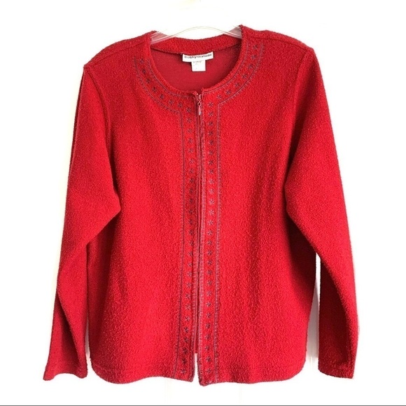 Vintage Cathy Daniels Red Textured Knit Zip Up Sweater size Extra Large - Picture 1 of 9